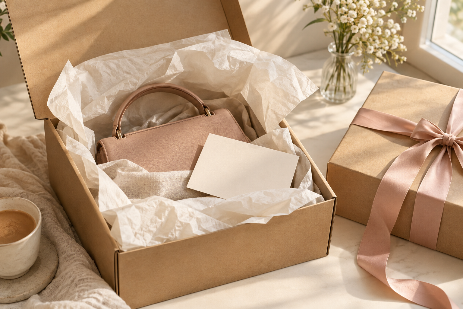 A blush handbag packed in a craft box with tissue paper and ribbon