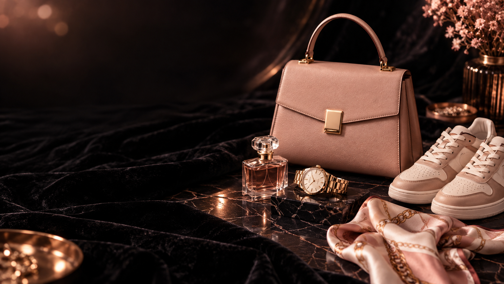 A blush handbag, watch, sneakers, perfume, and silk scarf arranged on black velvet