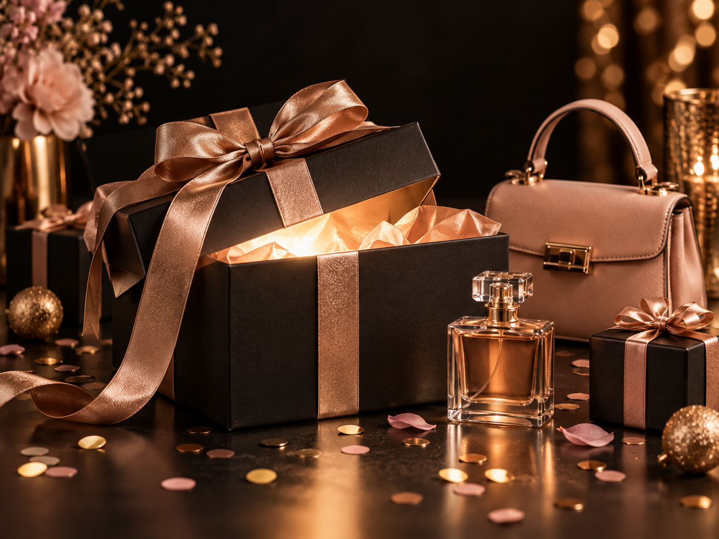 Rose-gold ribboned gift boxes with perfume and a handbag