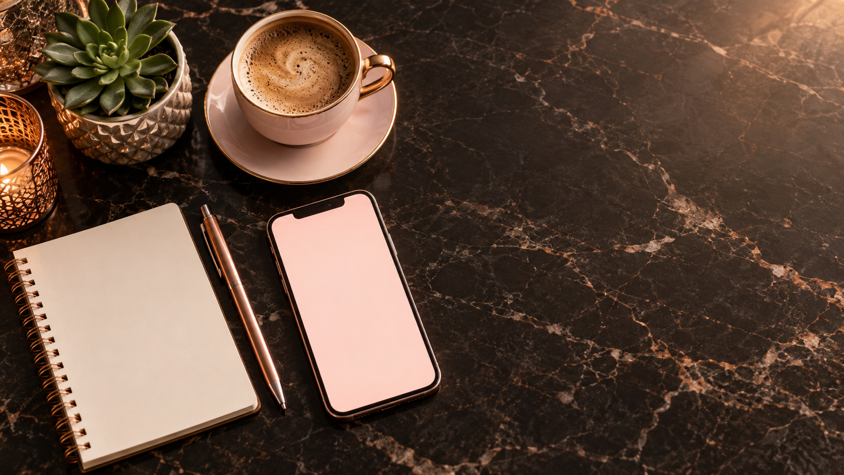 A smartphone, coffee, notebook, pen, and succulent on a dark marble desk